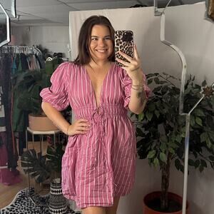 Faithfull The Brand Smocked Mini Dress in Adia Stripe Pink Size 8
